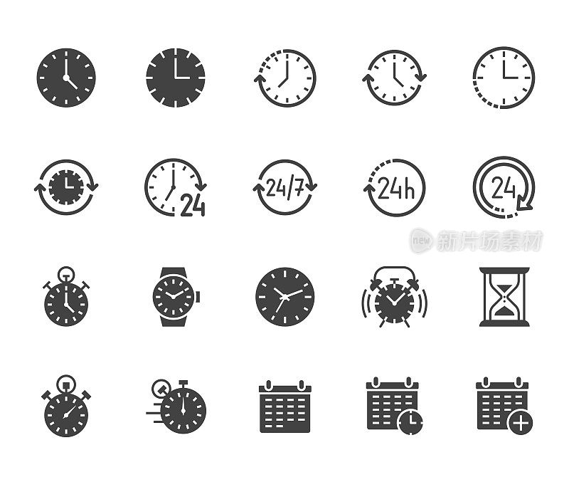 Time flat glyph icons set. Alarm clock, stopwatch, timer, sand glass, day and night, calendar vector illustrations. Signs for productivity management. Solid silhouette pixel perfect 64x64